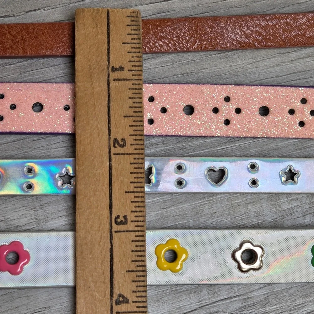 Girls Skinny Belt Set 4pc Multicolor Flower Heart Butterfly Glitter Holographic
